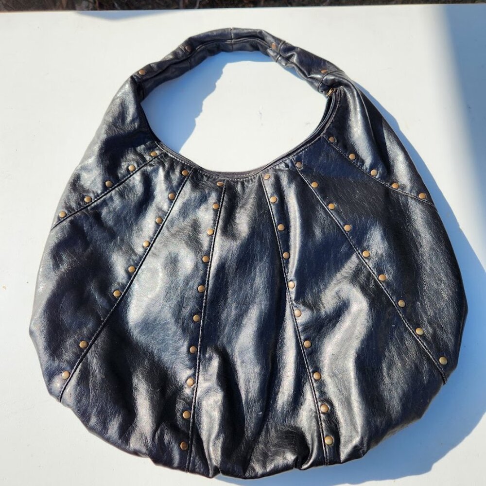 Black Faux Leather Ruched Studded Studs Oversize Slouch Hobo Shoulder Bag  Lined